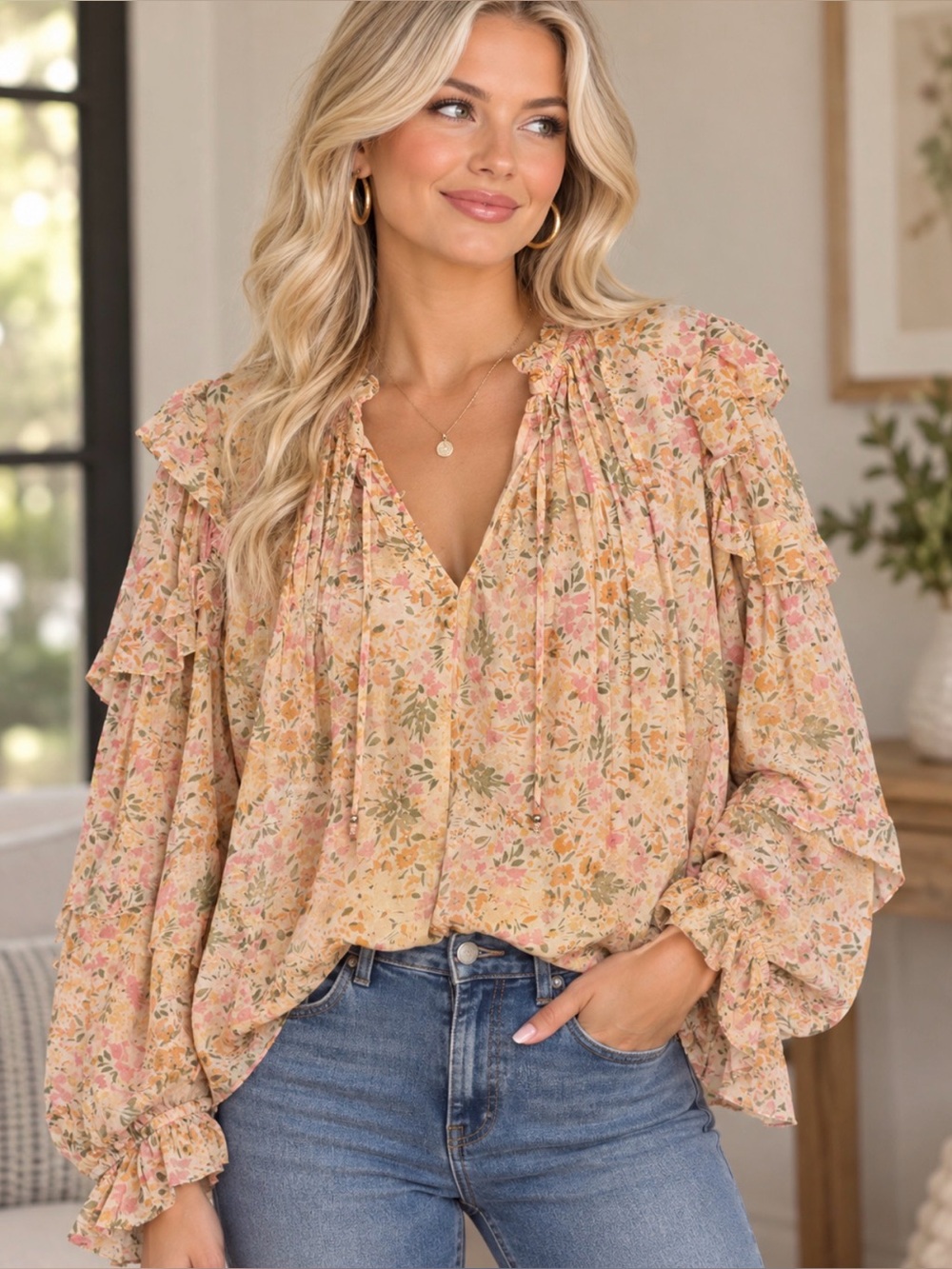 Karlie Floral Ruffle Peasant Blouse - Pink & Cream